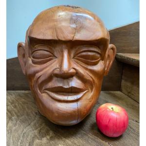 Surprising Man's Head Carved In Solid Cherry Wood 1st Half Of The 20th Century 