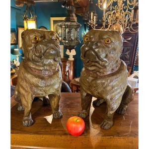 Pair Of English Bulldogs In Polychrome Terracotta From The 19th Century 