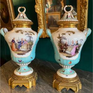 Large Pair Of Mounted Vases Forming Potpourris Decorated With Gallant Scenes 