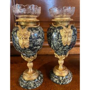 Rare Pair Of Soliflore Vases In Green Jasper And Gilded Bronzes With Satyrs 