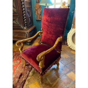 Large Regency Style Golden Wood Armchair, Late 19th Century 