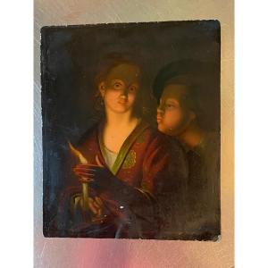 Beautiful Oil On Copper In Chiaroscuro, Candle Lighting, 19th Century 
