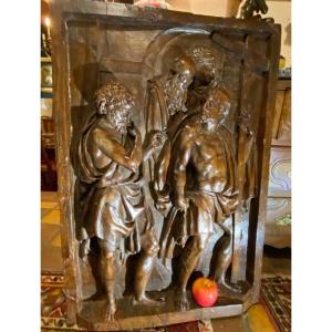 Incredulity Of Saint Thomas, Large Carved Walnut Panel, Late 16th Century 