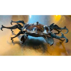 Crabe Japonais En Bronze Période Edo Signé Formant Brûle Parfum