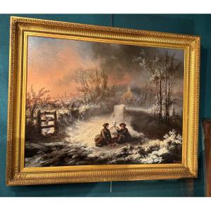 Jeux D’enfants Sous La Neige, Huile Sur Toile Du XIX Eme Siècle 