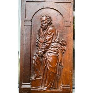 Saint Joseph With A Flowered Staff, Beautiful 17th Century Walnut Panel 