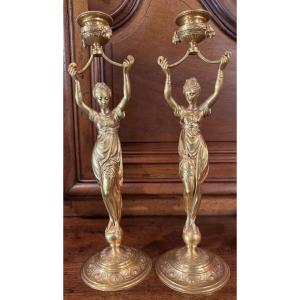 Pair Of Candlesticks With Odalisques Signed Louis Kley (1833-1911)