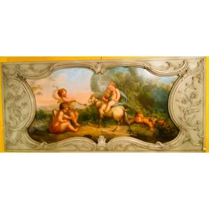 Scène De Bacchanale Aux Putti, Peinture De Boiserie Du XIX Eme Siècle