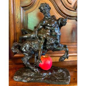 Mythological Bronze: The Abduction Of Dejanira By The Centaur Nessus, Signed Ferrari