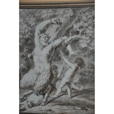 Sepia Drawing From The XVIII Century: Satyr Linked By Two Putti