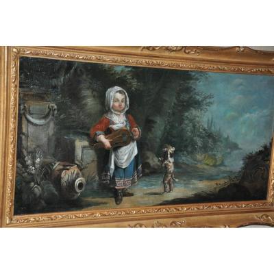 Oil On Canvas Of XVIIIth Century: Young Girl Playing Music With Her Dog Knowing