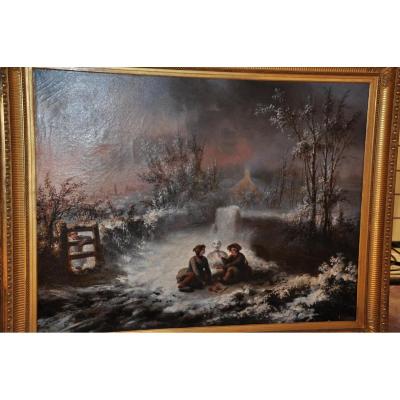 Large Oil On Canvas Of The Nineteenth Century: Children To The Snowman