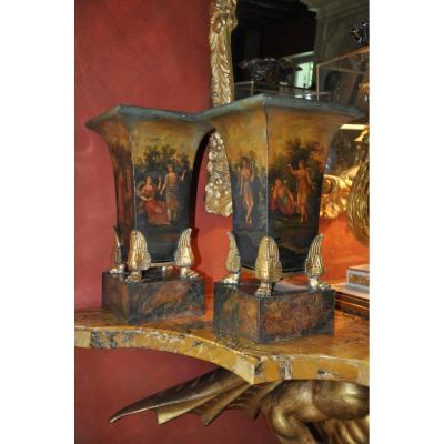 Important Pair Of Vases Cornets In Painted Sheet Of Empire Period, Mythological Scene Decor