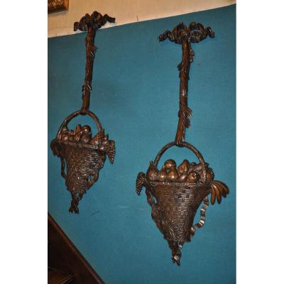 Pair Of Very Large Fruit Baskets Carved Wood Louis XVI Style