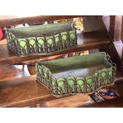 Pair Of Planters Painted Sheet And Rattan Around 1930
