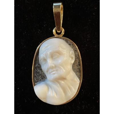 High Relief Cameo, Expressive Male Profile, Two Layered Crystal Agate