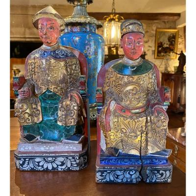 Couple De Dignitaires Chinois En Bois Polychrome Début Du XX Eme Siècle 