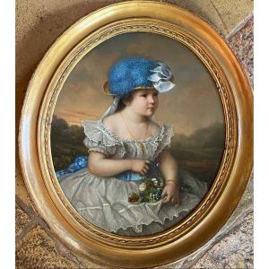 Grand Portrait Romantique D’une Petite Fille XIX Eme Siècle 