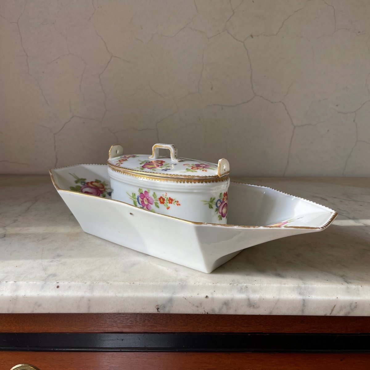 Manufacture De Boissettes, Porcelain Butter Dish With Flower Decor, Louis XVI XVIIIth Period-photo-4