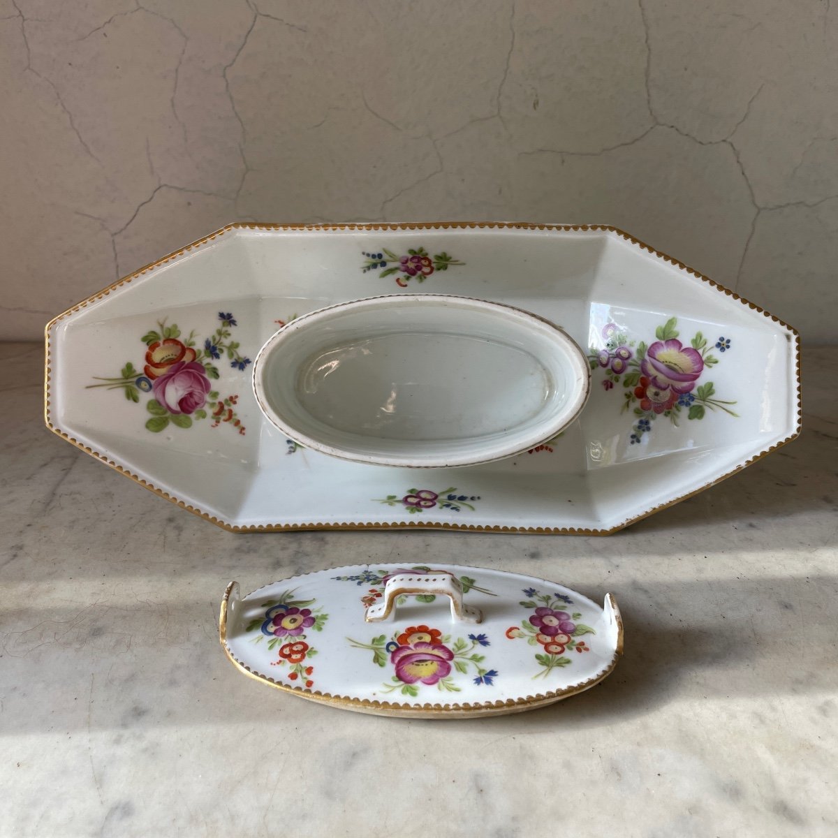 Manufacture De Boissettes, Porcelain Butter Dish With Flower Decor, Louis XVI XVIIIth Period-photo-3