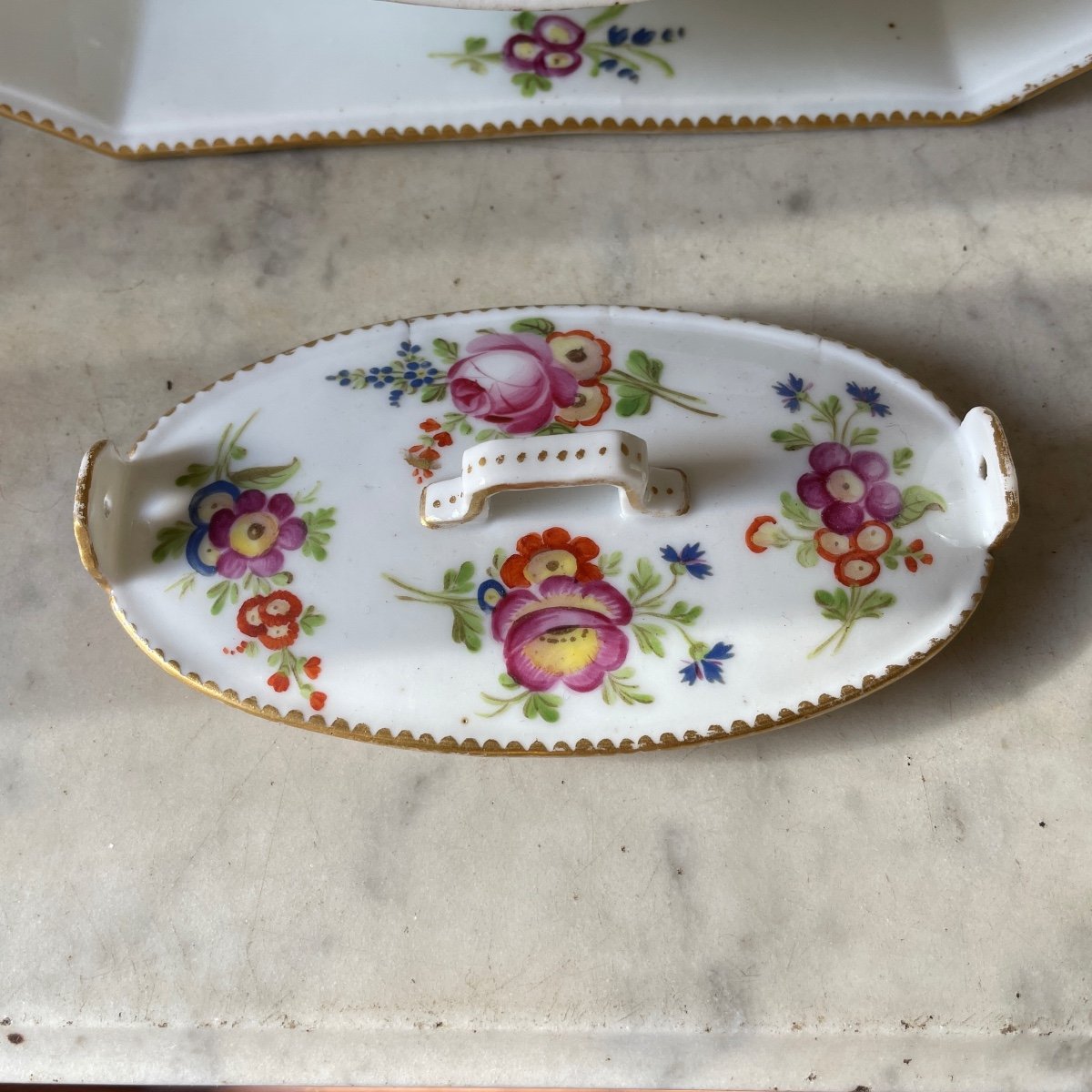 Manufacture De Boissettes, Porcelain Butter Dish With Flower Decor, Louis XVI XVIIIth Period-photo-5