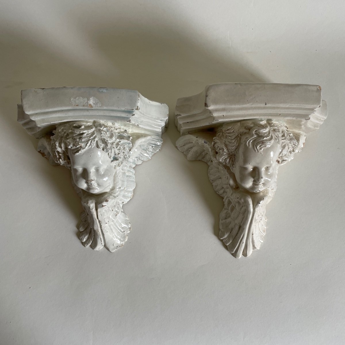 Della Robbia Pair Of Earthenware Wall Console Cherub Putti Italy 20th Century 18th Century Style-photo-3