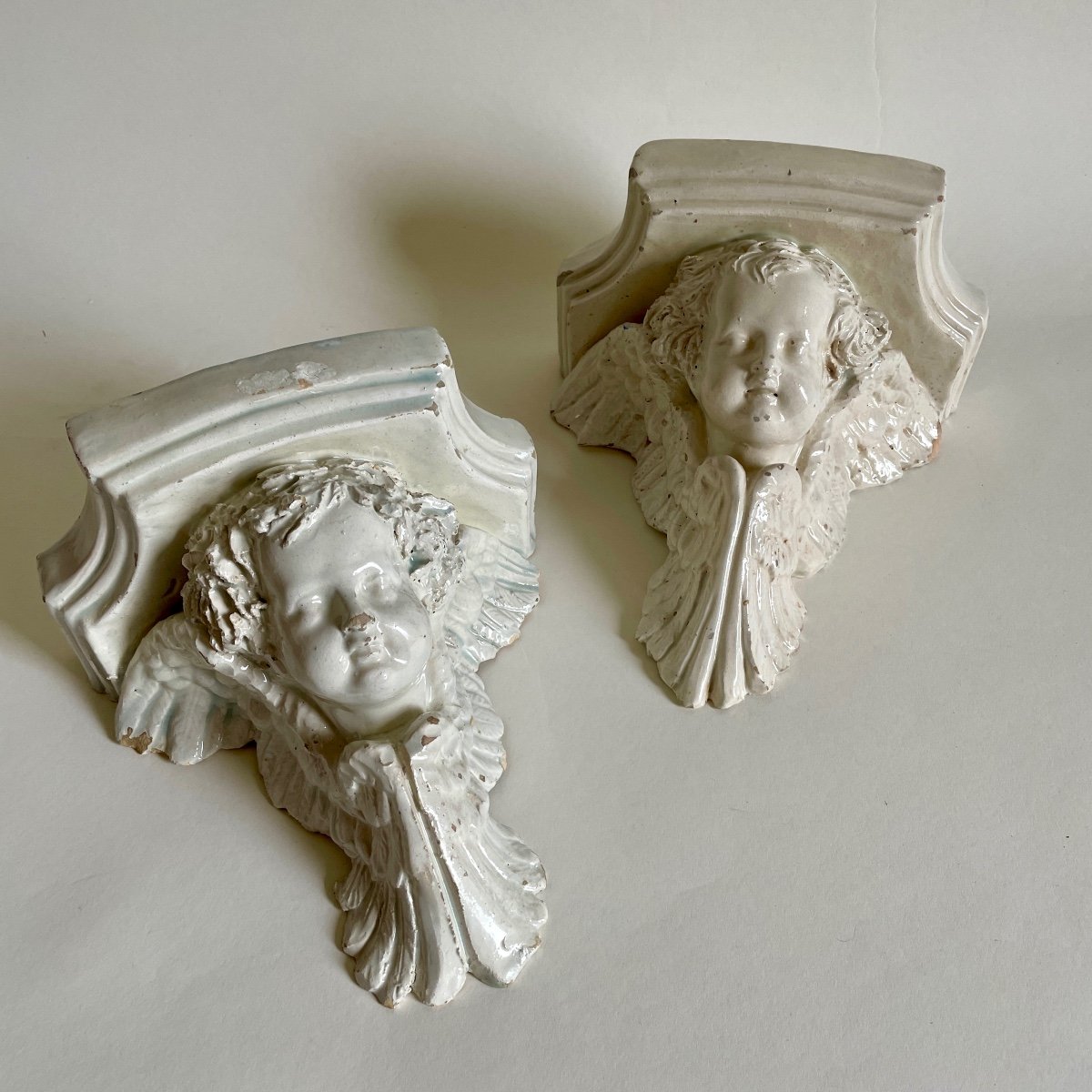 Della Robbia Pair Of Earthenware Wall Console Cherub Putti Italy 20th Century 18th Century Style