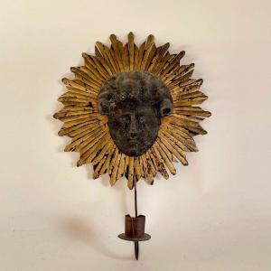 Applique En Forme De Soleil tôle Battu Doré Style Du XVIIIe Louis XIV époque début XXème Siècle