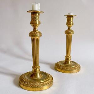 Claude Galle Pair Of Flambeaux Candlesticks Louis XVI Directoire Period Gilt Bronze Late 18th Century