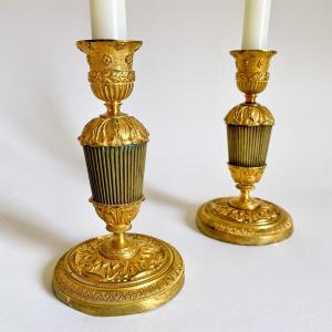 Pair Of Flambeaux Candlesticks Said Ragots Bronze Gilt Patina Charles X Period 19th Century Restoration