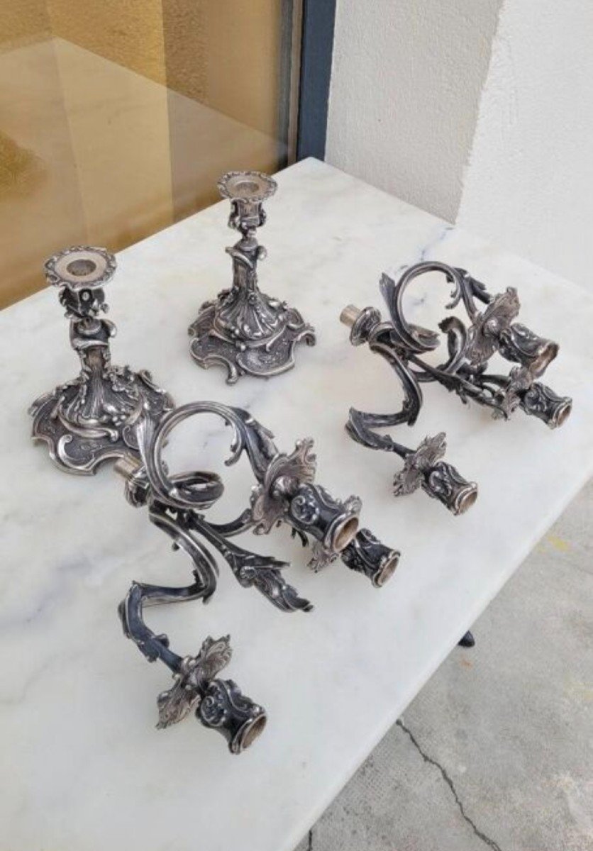 Pair Of Louis XV Candelabra Candlesticks In Silvered Bronze -photo-4