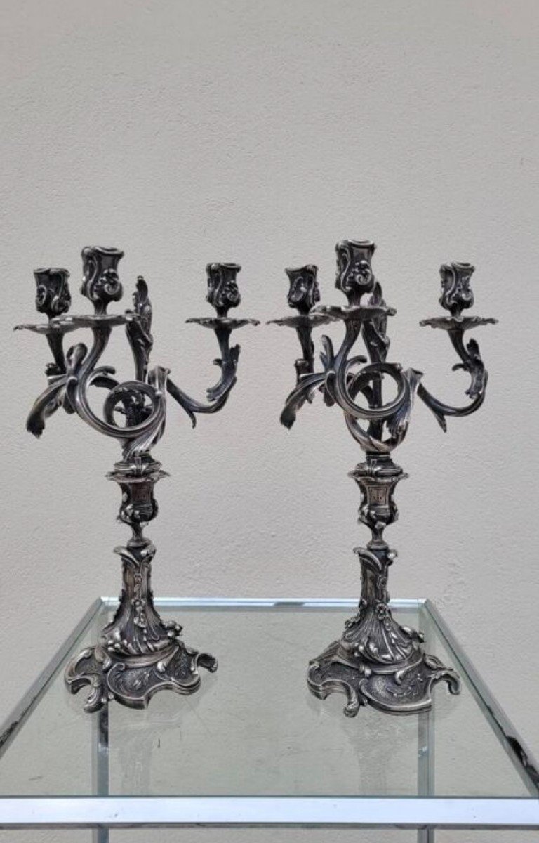 Pair Of Louis XV Candelabra Candlesticks In Silvered Bronze -photo-3