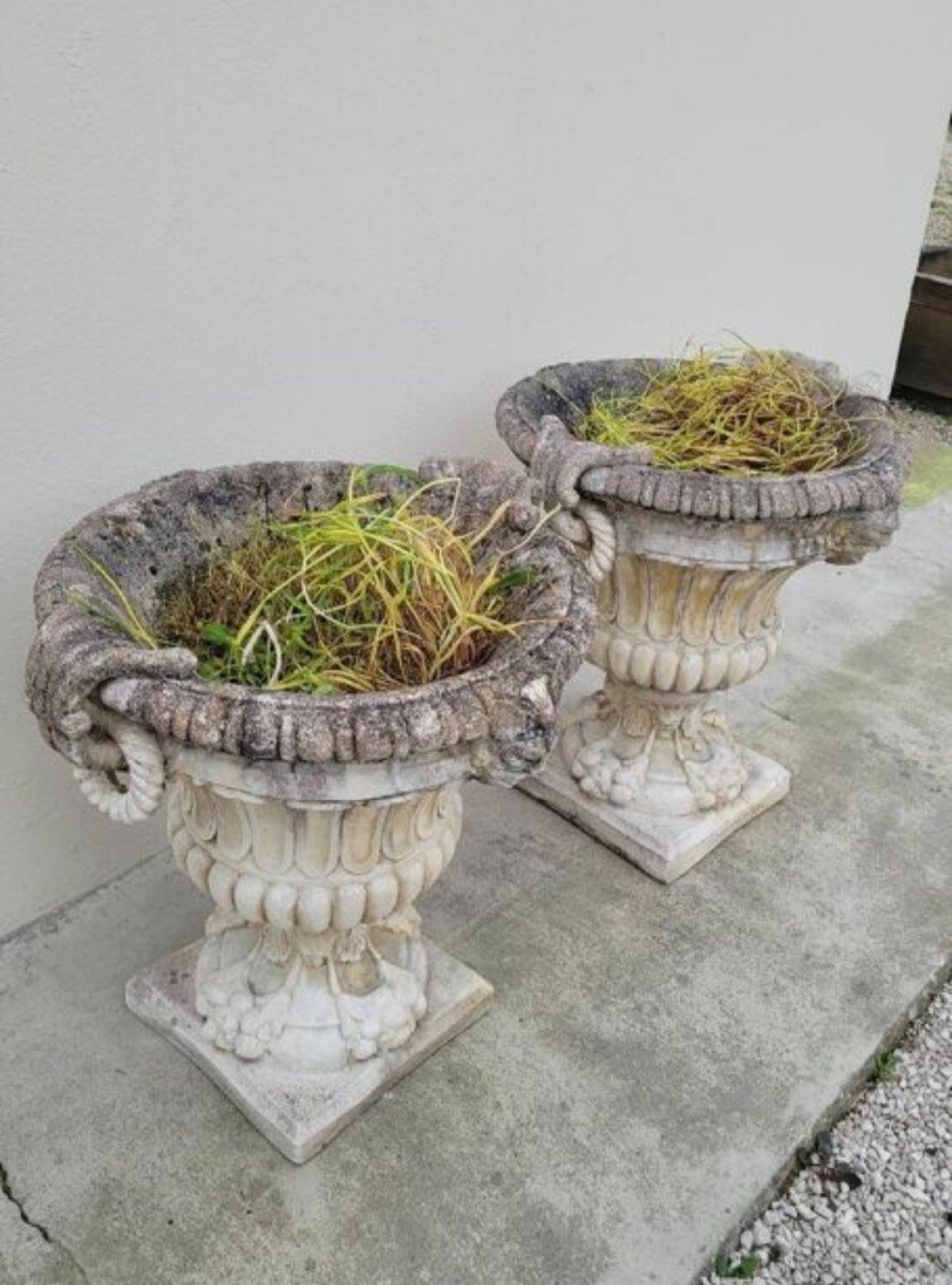 Paire De Jardinières Vases Décorées De Visages En Pierre Reconstituée 1950s-photo-2