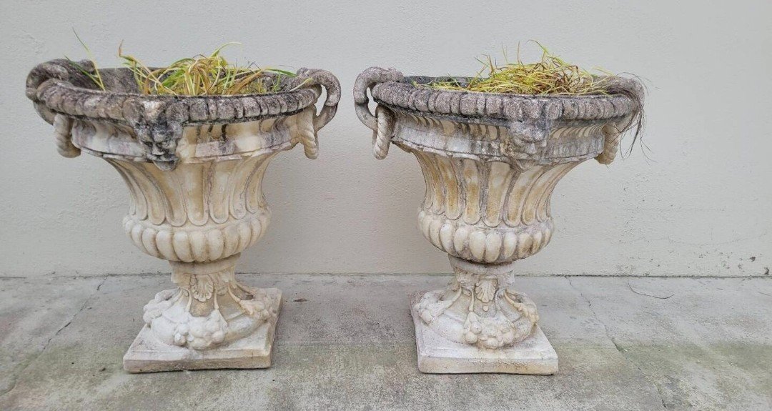 Pair Of Planter Vases Decorated With Faces In Reconstituted Stone 1950s-photo-8