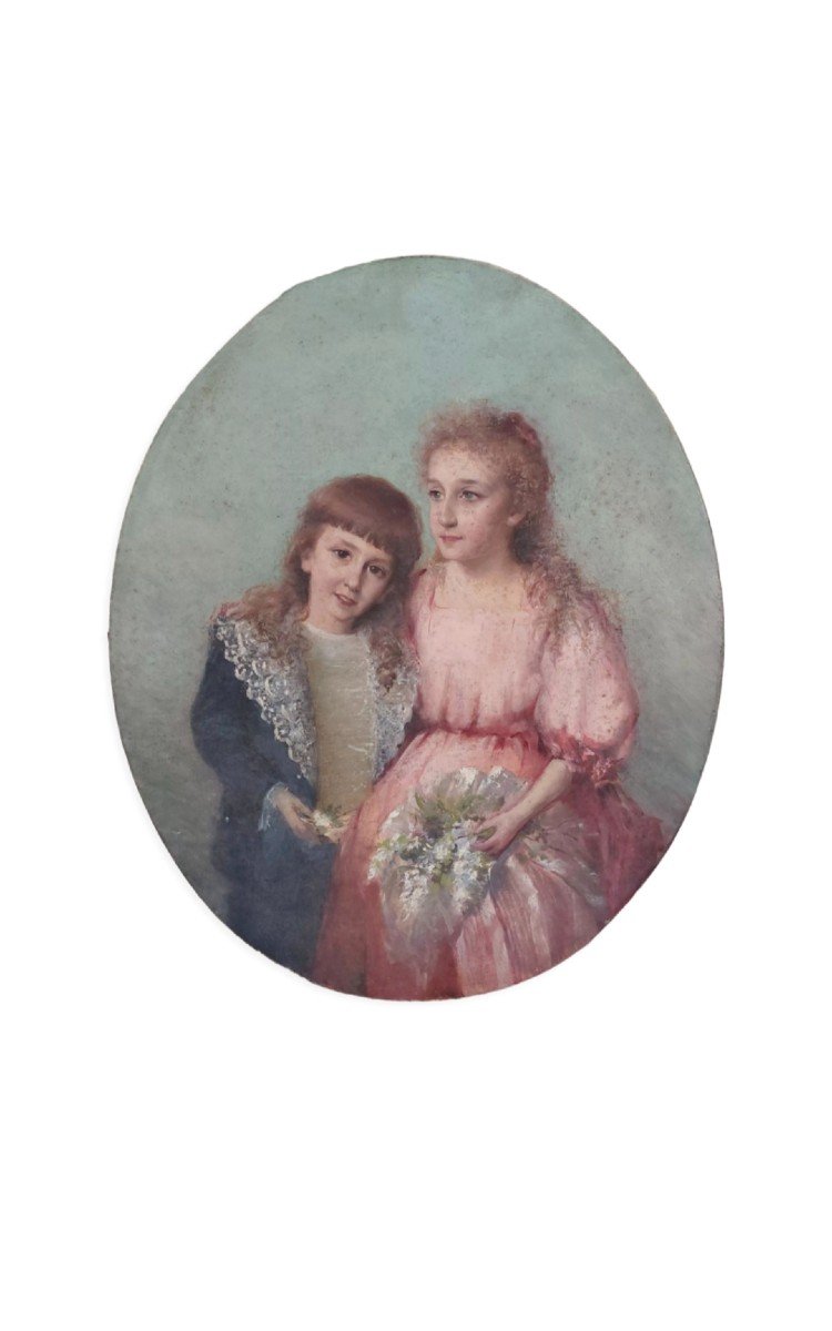 Painting Portrait Of Young Girls Oil On Canvas 19th -photo-2