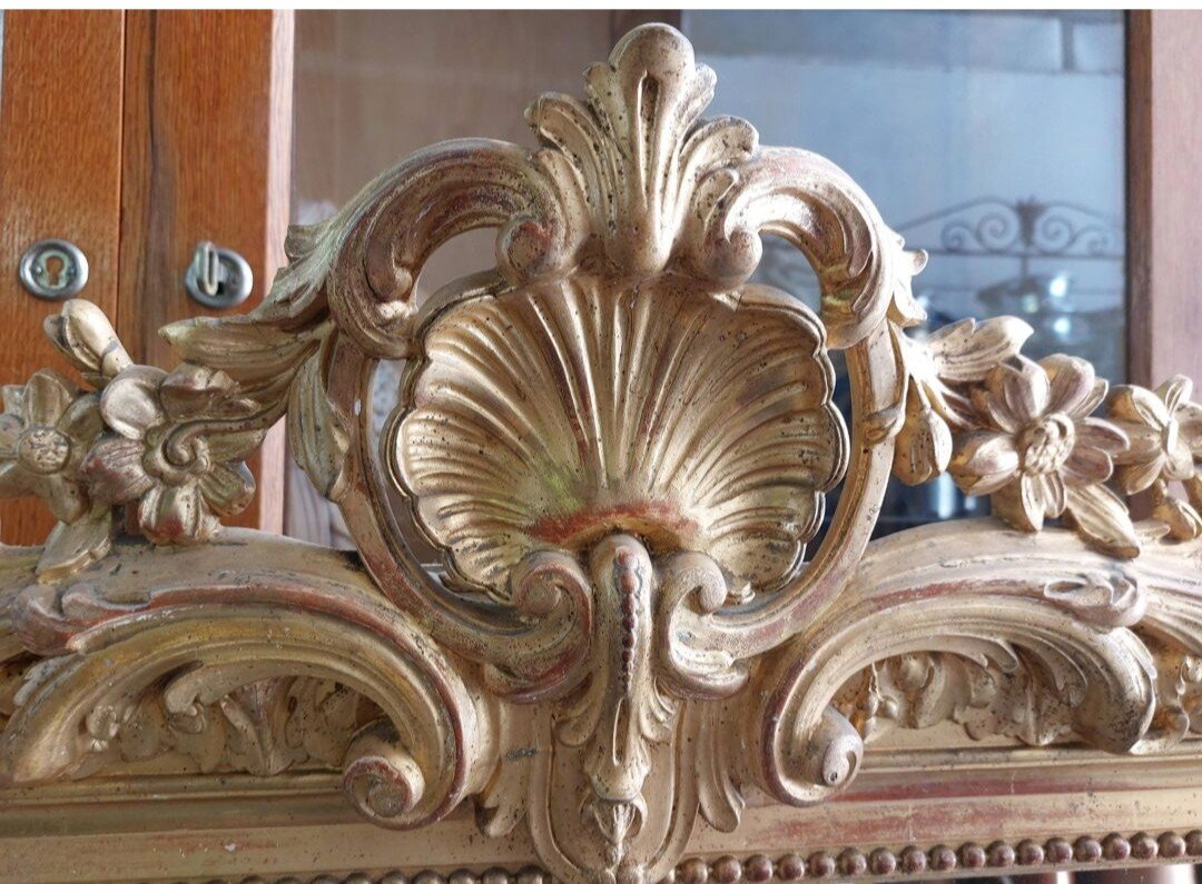 Miroir Louis XV En Bois Doré à La Feuille d'Or 19éme Décorée -photo-4