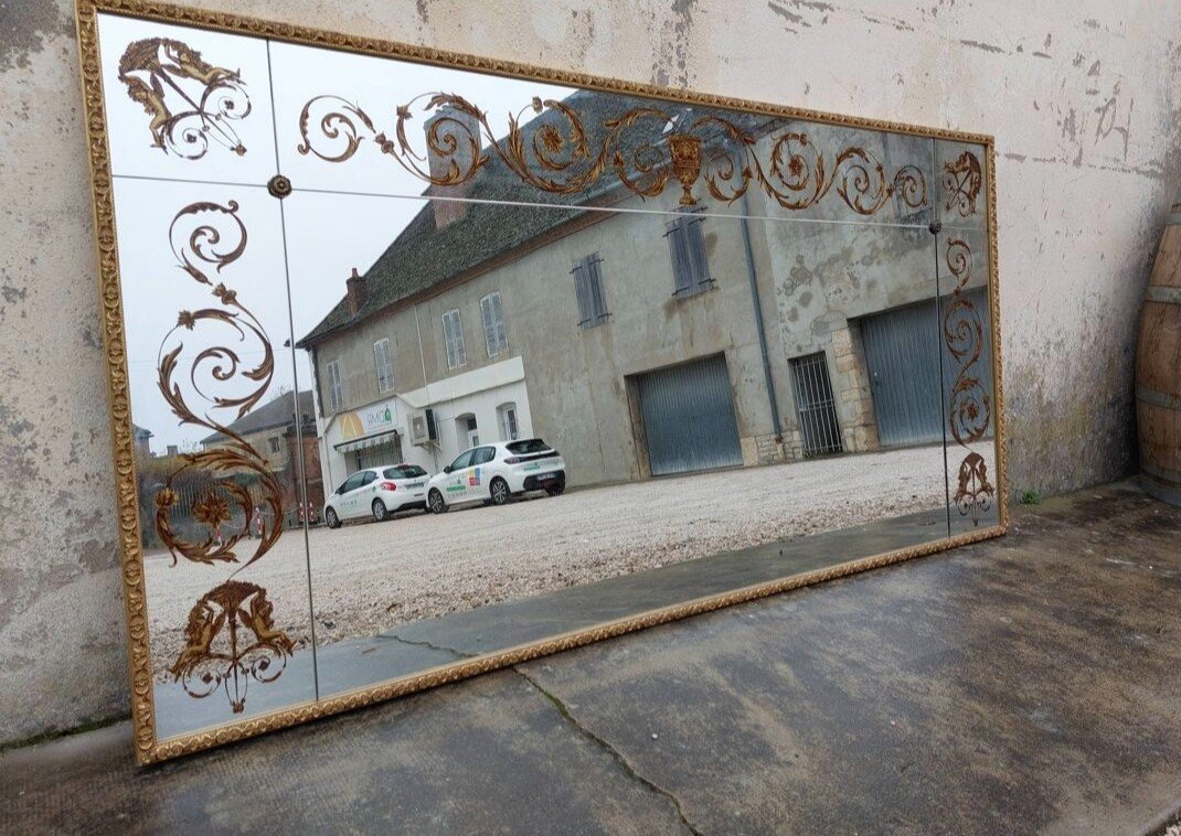 Miroir Vénitien Art Déco De Brasserie Bistrot En Verre églomisé Décoré -photo-4