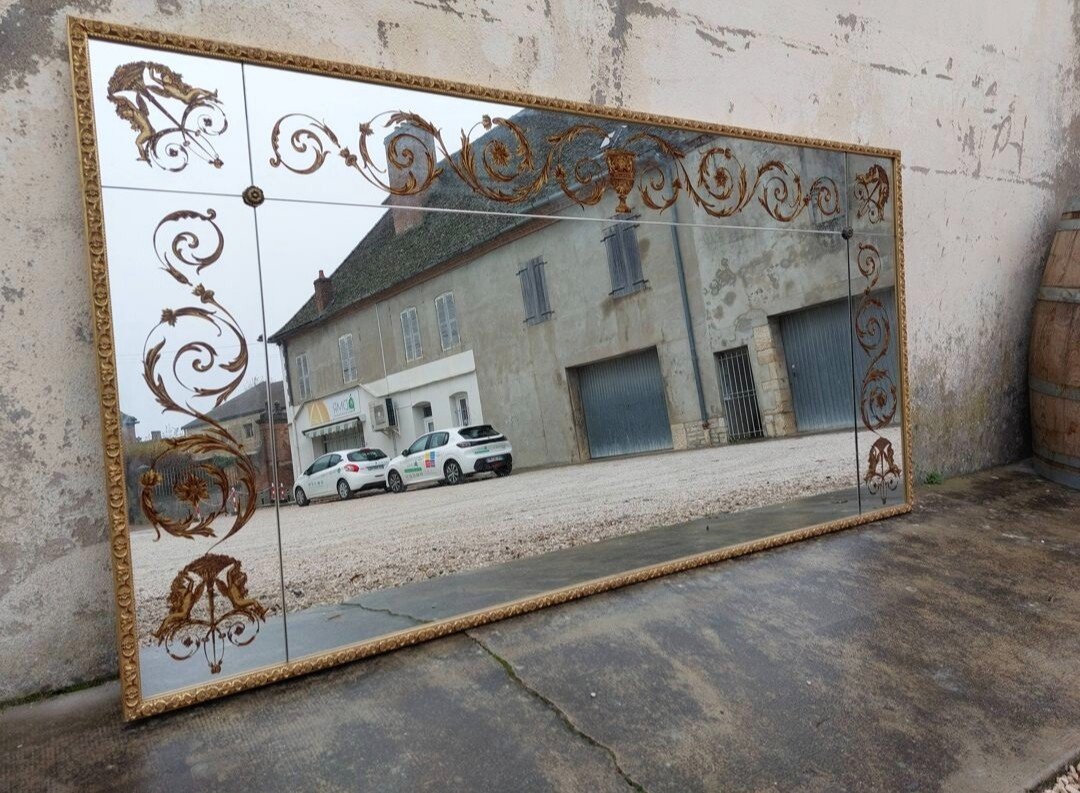 Miroir Vénitien Art Déco De Brasserie Bistrot En Verre églomisé Décoré -photo-4