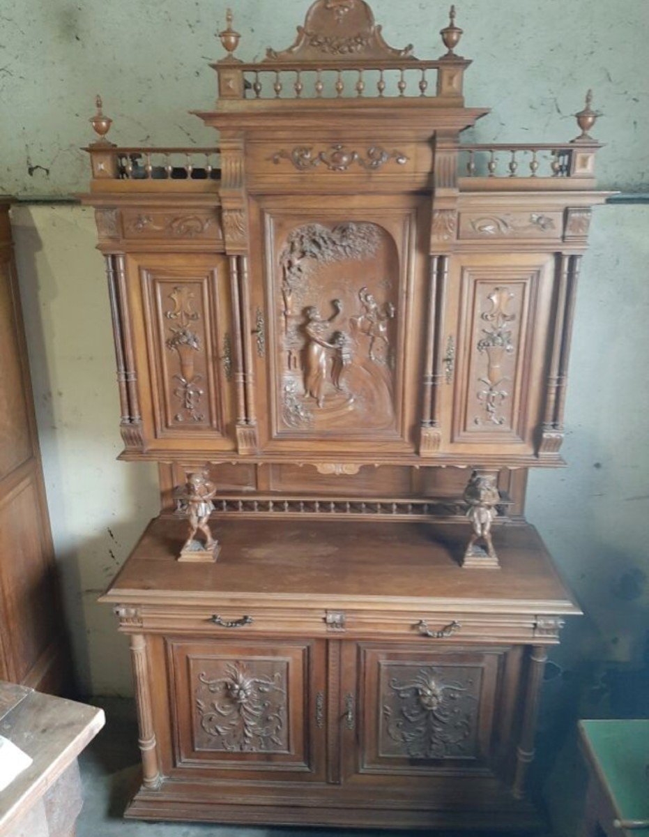 Large Two-body Buffet In Henri II Style In Solid Walnut From The 19th Century 