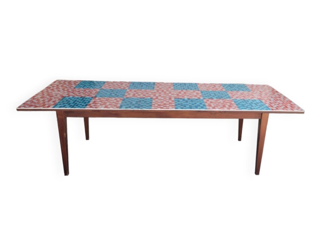 Magnificent Exceptional Antique Farm Table 1950, Top Covered With Mosaic -photo-2