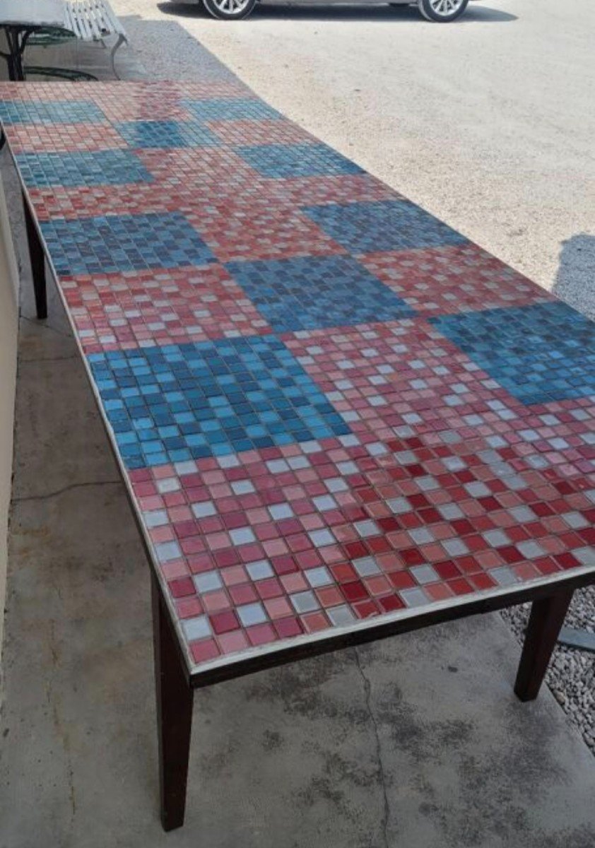 Magnificent Exceptional Antique Farm Table 1950, Top Covered With Mosaic -photo-3