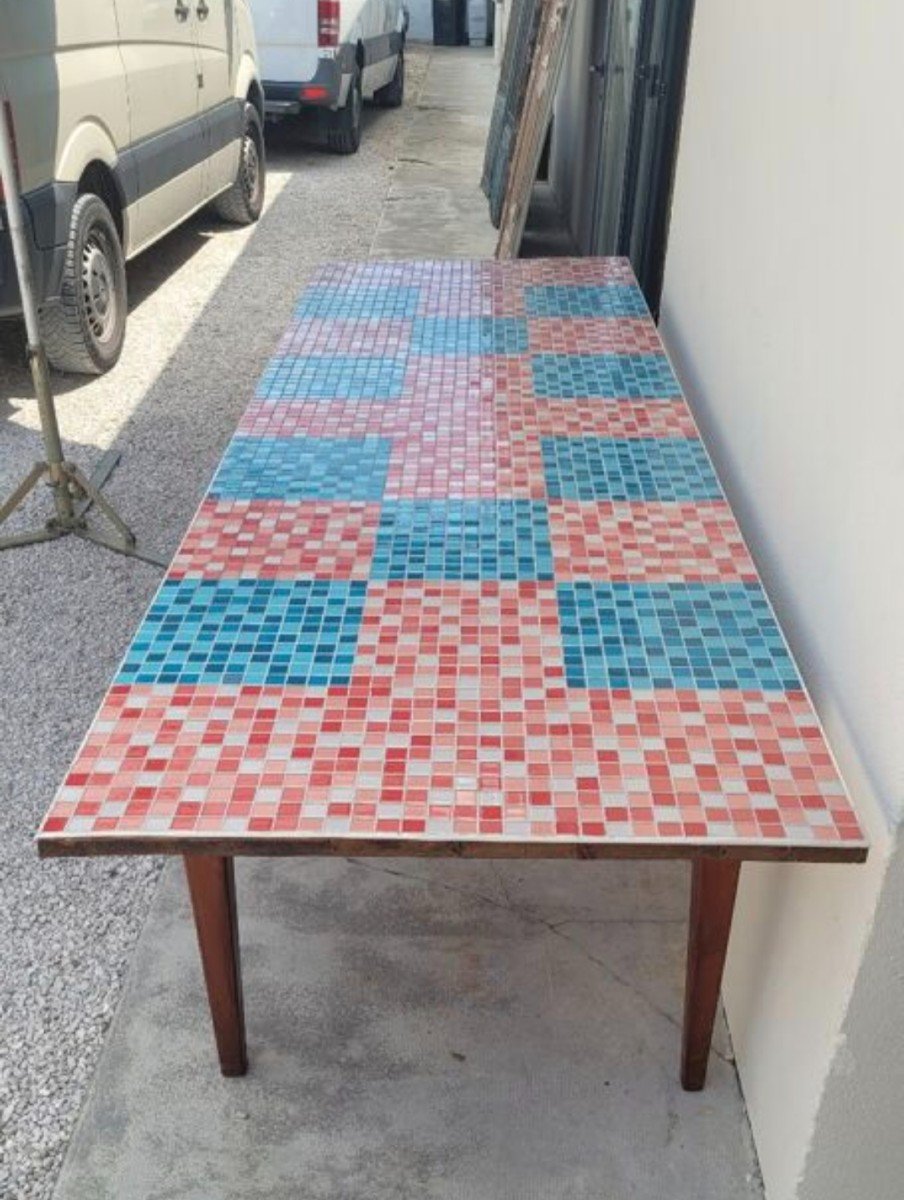 Magnificent Exceptional Antique Farm Table 1950, Top Covered With Mosaic -photo-2