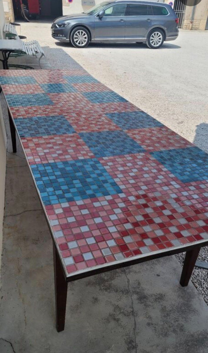 Magnificent Exceptional Antique Farm Table 1950, Top Covered With Mosaic -photo-7