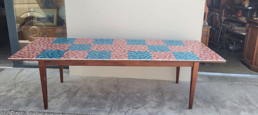 Magnificent Exceptional Antique Farm Table 1950, Top Covered With Mosaic 