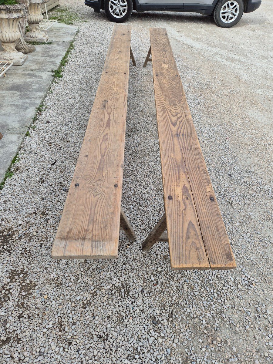 Magnificent And Rare Imposing Pair Of Antique Rustic Farm Benches Made In The 1950s-photo-2