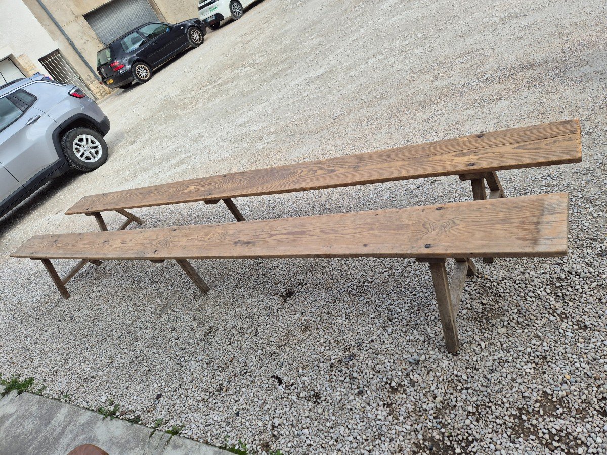 Magnificent And Rare Imposing Pair Of Antique Rustic Farm Benches Made In The 1950s-photo-3