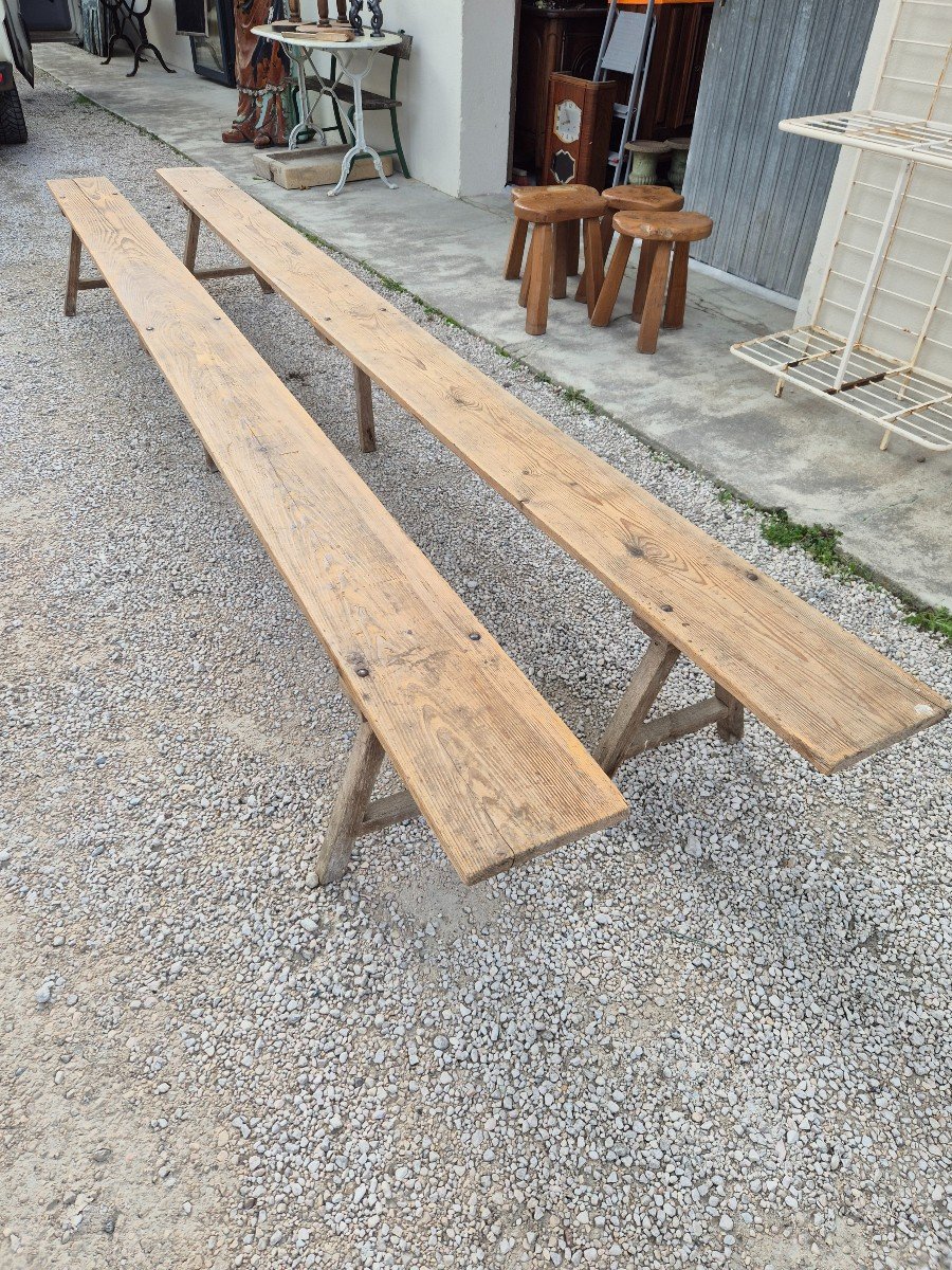 Magnificent And Rare Imposing Pair Of Antique Rustic Farm Benches Made In The 1950s-photo-3