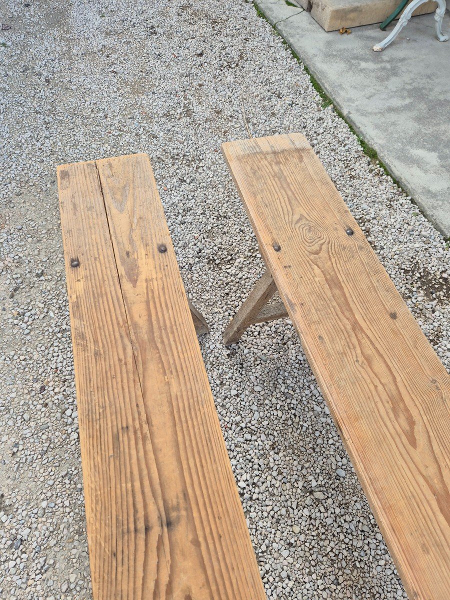 Magnificent And Rare Imposing Pair Of Antique Rustic Farm Benches Made In The 1950s-photo-8