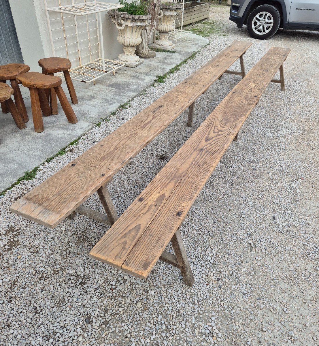 Magnificent And Rare Imposing Pair Of Antique Rustic Farm Benches Made In The 1950s