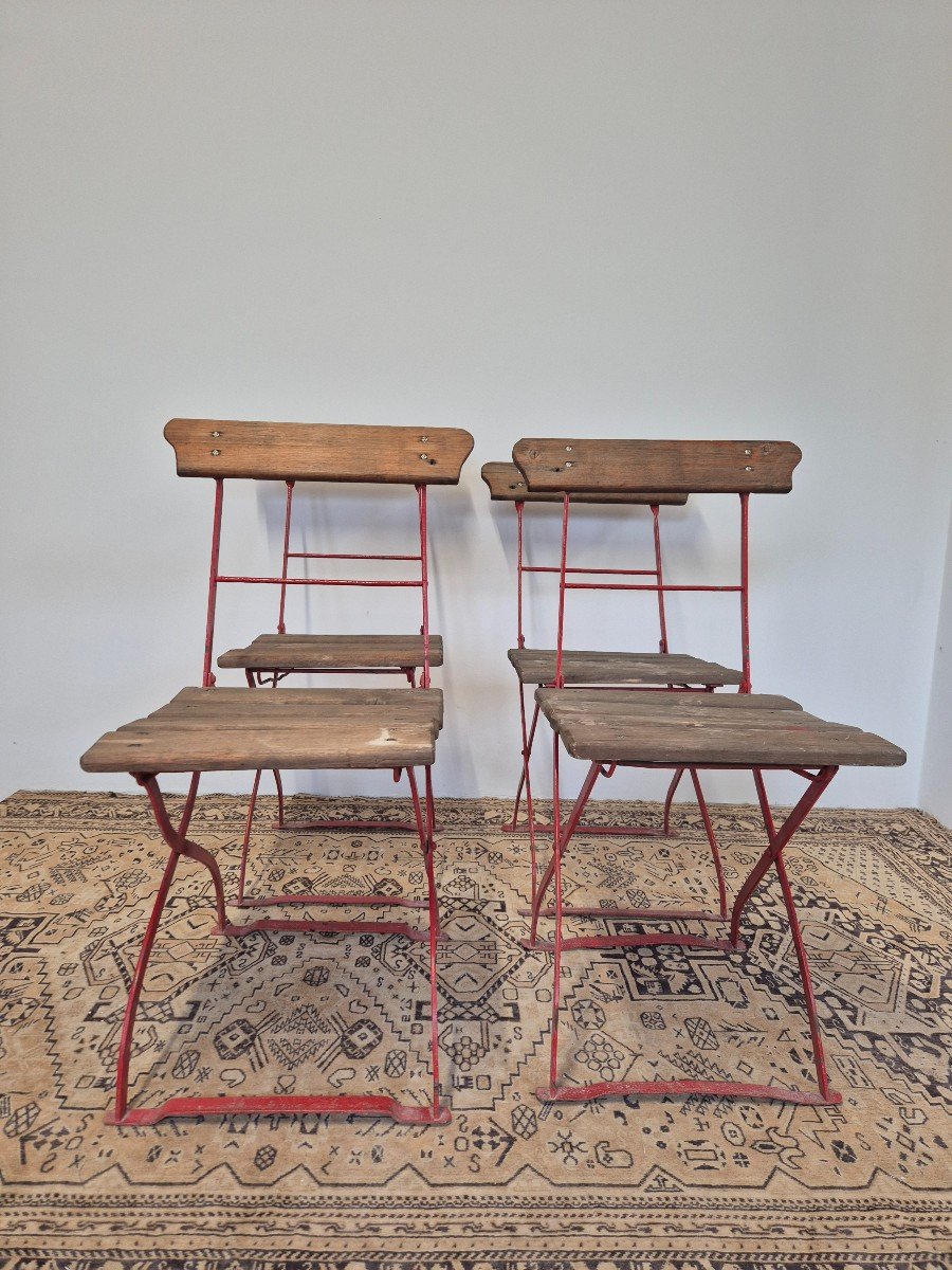 Elegant Series Of 4 Bistro Guinguette Or Even Brasserie Chairs, Old Manufacture-photo-2